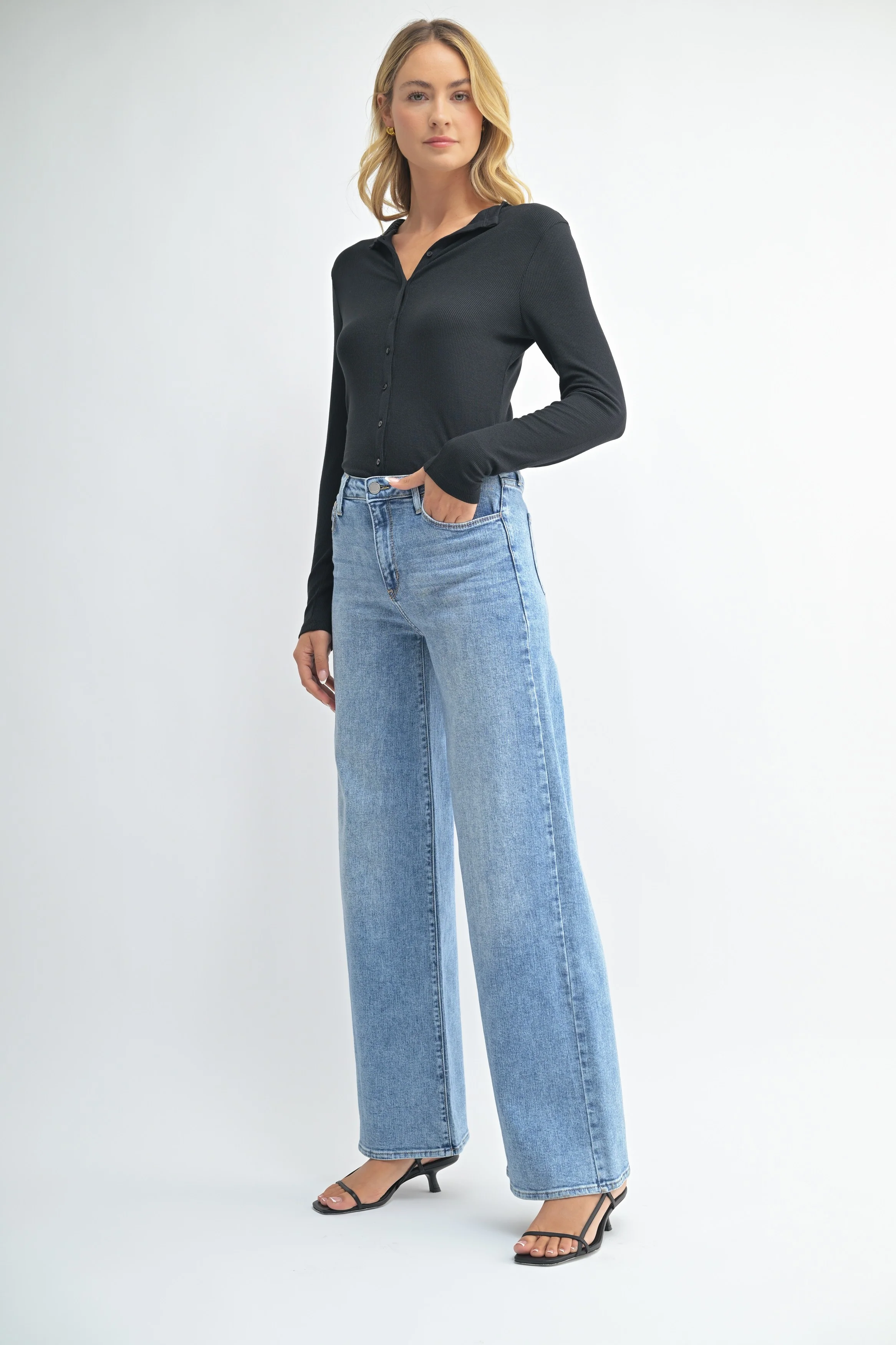 Just Black Denim Stretchy Wide Leg Jean - Image 2